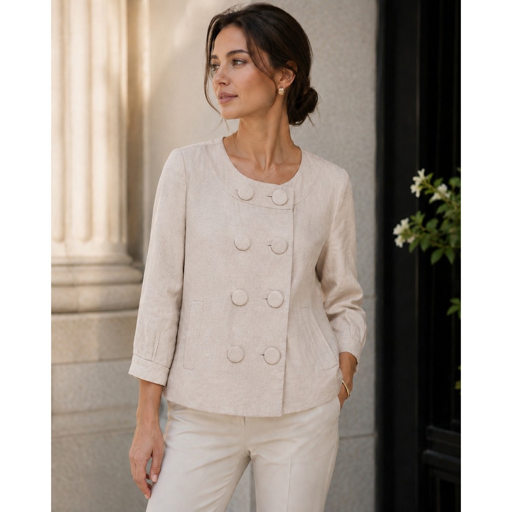 Banana Republic Linen Cotton Double Breasted Jacket Beige Size 12 Quiet Luxury